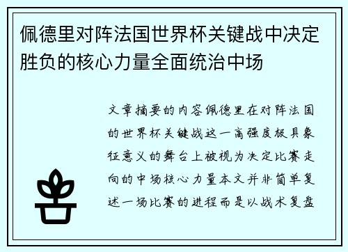 佩德里对阵法国世界杯关键战中决定胜负的核心力量全面统治中场